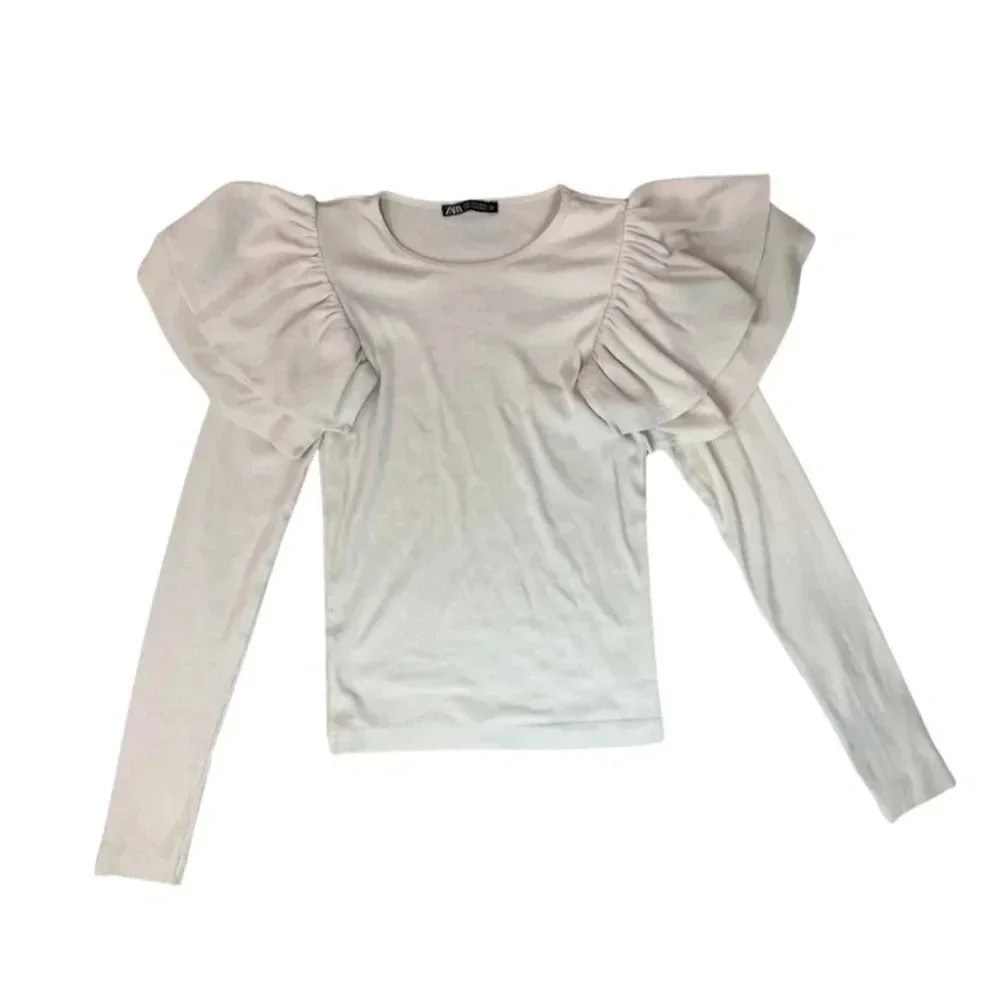 Zara Ruffled Ribbed Long Sleeve Top | Tan / Light Grey | Size S